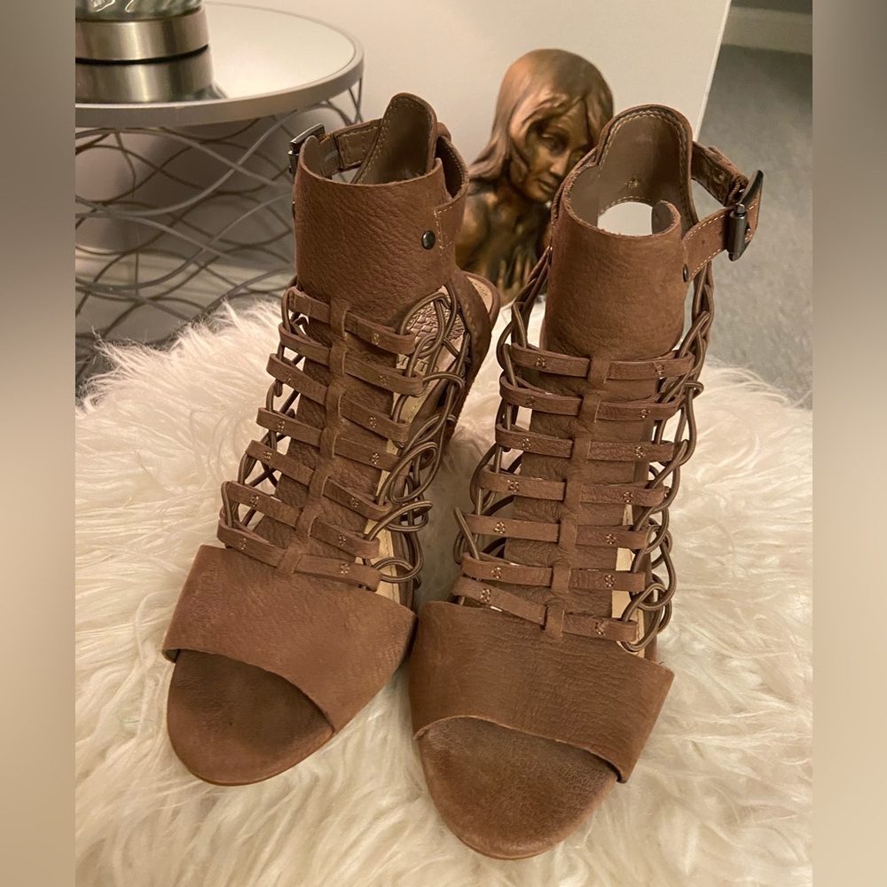 Vince Camuto Taupe Leather Caged Sandal